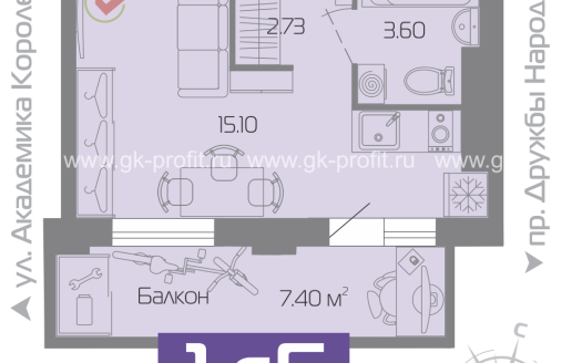 Квартира, комнат 1, этаж 1