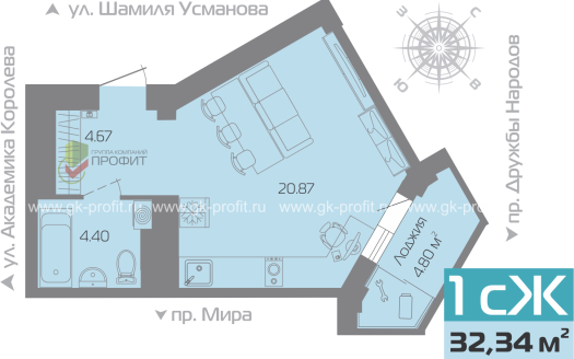 Квартира, комнат 1, этаж 2