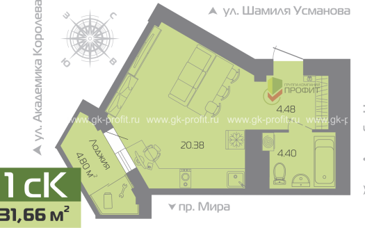 Квартира, комнат 1, этаж 1